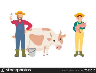 Farmer with pig and cow set vector. Isolated icons with farmers and mammals, giving pork meat and milk beverages. Breeding people caring for animals. Farmer with Pig and Cow Set Vector Illustration