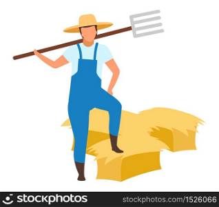 Farmer with pitchfork flat vector character. Autumn harvest concept on white background. Farm worker standing with hay bales, haystacks. Agricultural work. Hay harvesting isolated cartoon illustration