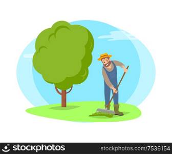 Farmer with rake raking grass in garden cartoon vector icon. Happy bearded man in uniform, rubber boots and hat working on farm isolated on landscape. Farmer Raking Grass in Garden Cartoon Vector Icon