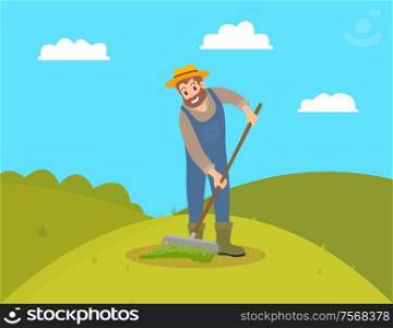 Farmer with rake working on field vector. Man gardener spreading compost fertilizing land ground of farm. Hill with green grass and bushes in distant. Farmer with Rake on Field Vector Illustration