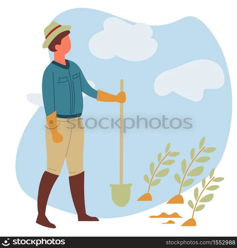 Farmer with spade or shovel and vegetables sprouts farm garden vector farming organic food growing and cultivation man in hat and rubber boots gardening tool or equipment agricultural industry. Farm garden farmer with spade or shovel and vegetables sprouts