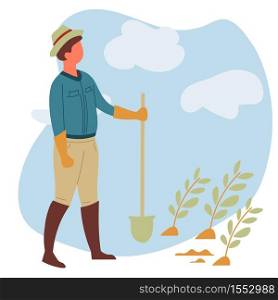 Farmer with spade or shovel and vegetables sprouts farm garden vector farming organic food growing and cultivation man in hat and rubber boots gardening tool or equipment agricultural industry. Farm garden farmer with spade or shovel and vegetables sprouts