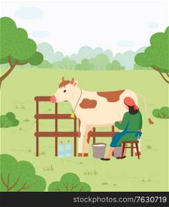 Farmer woman in red kerchief and blue apron milking cow in field. Milkmaid working at countryside. Livestock and cattle, farmland. Vector illustration in flat cartoon style. Farmer Woman Milking Cow, Countryside Vector