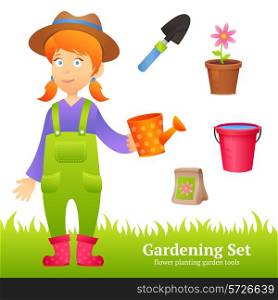 Farmer woman with decorative gardening icons set vector illustration