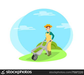 Farmer working on farm with wheelbarrow cartoon icon. Smiling woman in uniform and hat carrying cart full of grass isolated on village landscape.. Farmer on Farm with Wheelbarrow Cartoon Icon.