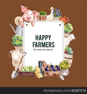 Farmer wreath design with pig, goat, sheep watercolor illustration,  