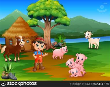 Farmers and farm animals outside the cage 