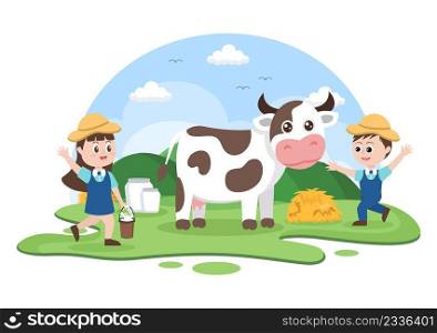Farmers are Milking Cows to Produce or Obtain Milk with Views of Green Meadows or on Farms in an Illustration Flat Style