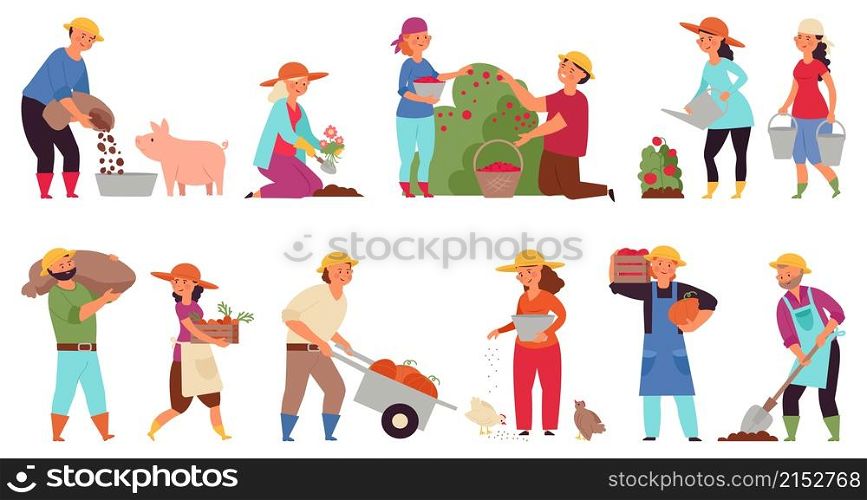 Farmers at work. Agriculture workers, isolated farmer harvesting. Industrial farming, agricultural person planting in garden vector set. Illustration farming and agricultural, gardener and worker. Farmers at work. Agriculture workers, isolated farmer harvesting. Industrial farming, agricultural person planting in garden decent vector set