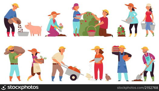 Farmers at work. Agriculture workers, isolated farmer harvesting. Industrial farming, agricultural person planting in garden vector set. Illustration farming and agricultural, gardener and worker. Farmers at work. Agriculture workers, isolated farmer harvesting. Industrial farming, agricultural person planting in garden decent vector set