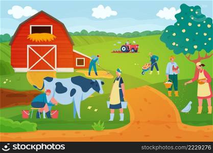 Farmers at work, characters feeding hens and collecting eggs. Women milking cow and carrying buckets. Holding wheelbarrow with apples. Man on tractor cultivating vector illustration. Farmers at work, characters feeding hens and collecting eggs. Women milking cow and carrying buckets