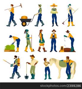 Farmers at work harvesting crops and vegetables with agricultural tools flat pictograms collection abstract isolated vector illustration. Farmers At Work Flat Icons Set