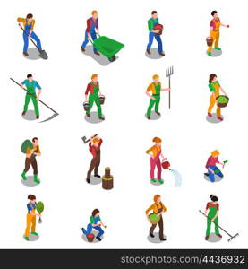 Farmers At Work Isometric Icons Set. Farmers at work with scythe fork rake and shovel isometric figures icons collection abstract isolated vector illustration