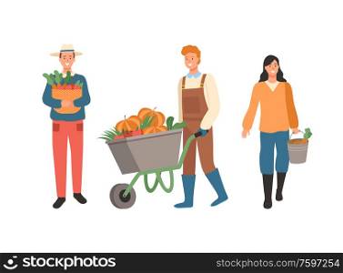 Farmers busy with work vector, man carrying gathered carrots in woven basket, male pushing carriage with pumpkins, lady with bucket and eco products. People with Harvest, Harvesting Season at Farm