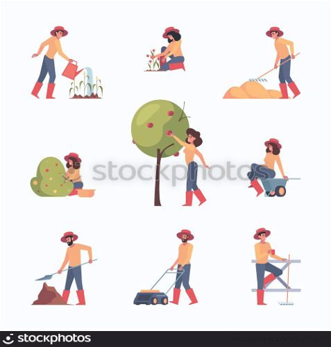 Farmers carrying. Agricultural workers outdoor activities farmers watering plants garish vector flat illustrations in flat style. Farming and gardener, harvest and agriculture. Farmers carrying. Agricultural workers outdoor activities farmers watering plants garish vector flat illustrations in flat style