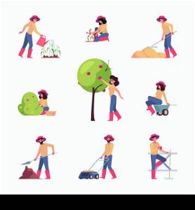 Farmers carrying. Agricultural workers outdoor activities farmers watering plants garish vector flat illustrations in flat style. Farming and gardener, harvest and agriculture. Farmers carrying. Agricultural workers outdoor activities farmers watering plants garish vector flat illustrations in flat style
