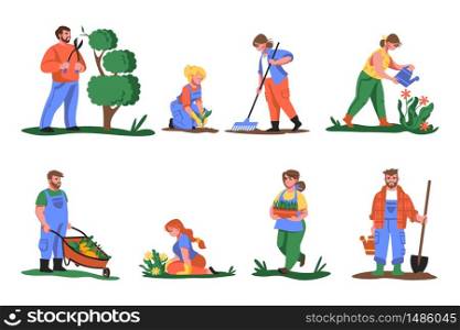 Farmers. Cartoon people planting flowers and greens, cutting and gardening plants, growing vegetables and flowers. Vector illustration agricultural workers with plants set. Farmers. Cartoon people planting flowers and greens, cutting and gardening plants, growing vegetables and flowers. Vector agricultural workers set