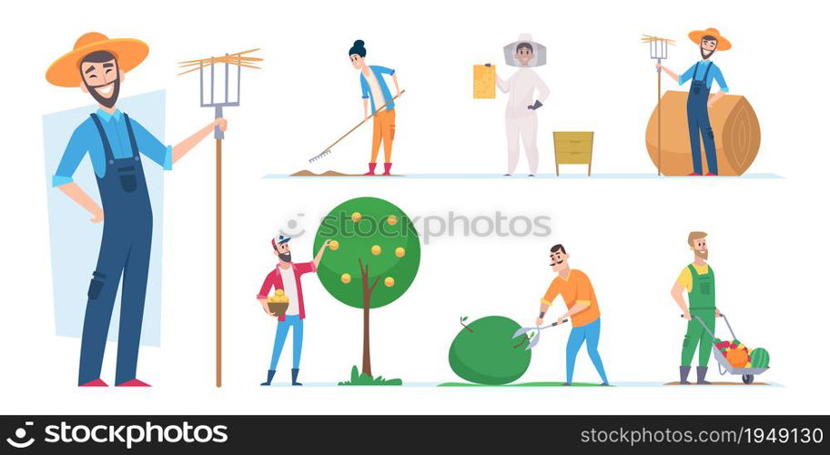 Farmers characters. Agricultural workers ethnic people vector illustrations cartoon. Character farmer worker, farming man with pitchfork. Farmers characters. Agricultural workers ethnic people vector illustrations cartoon