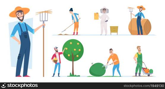 Farmers characters. Agricultural workers ethnic people vector illustrations cartoon. Character farmer worker, farming man with pitchfork. Farmers characters. Agricultural workers ethnic people vector illustrations cartoon