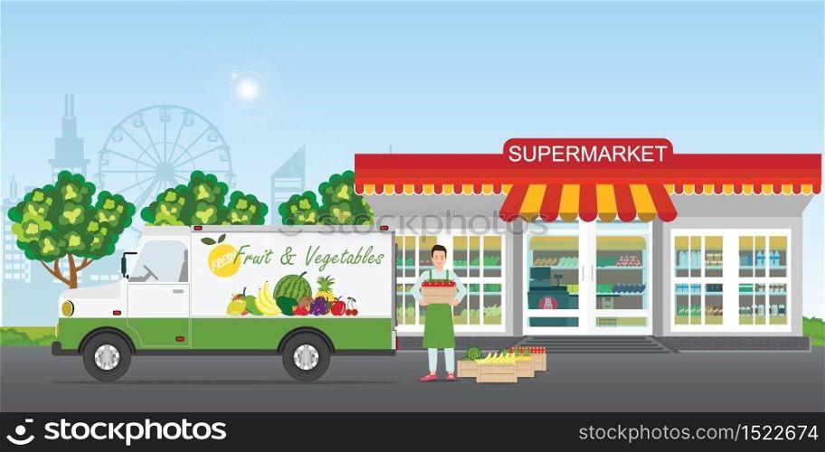 Farmers fruit and vegetables carrying fresh fruit to supermarket, delivery car concept vector illustration.