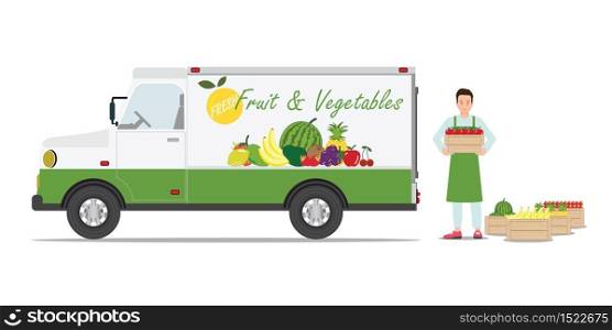 Farmers fruit and vegetables delivery car with the smiling deliverer holding fresh fruit isolated on white background. character cartoon vector illustration.