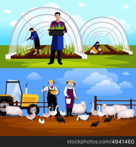 Farmers Gardeners 2 Horizontal Flat Banners Set. Forcing tunnel planing gardeners and sheep and geese feeding farmers 2 flat horizontal banners isolated vector illustration