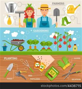 Farmers Gardening 3 Flat Banners Set. Farmers preparing garden for planting 3 flat horizontal banners set with tools and seeds abstract isolated vector illustration