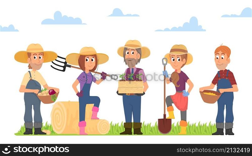 Farmers group. Agriculture farmer, farming workers community. People work on ground, planting and gardening. Local market owners decent vector scene. Agriculture farming work illustration. Farmers group. Agriculture farmer, farming workers community. People work on ground, planting and gardening. Local market owners decent vector scene