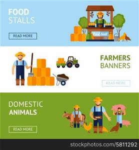 Farmers horizontal banner set with domestic animals and food elements flat isolated vector illustration. Farmers Banner Set