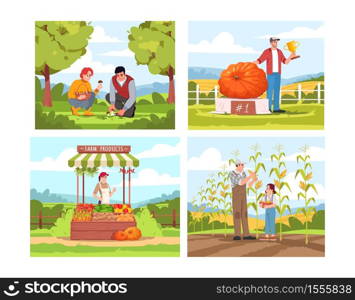 Farmers market activities semi flat vector illustration set. Harvest contest winner. People pick mushrooms. Woman sell vegetables. County fair 2D cartoon characters collection for commercial use. Farmers market activities semi flat vector illustration set