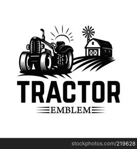 Farmers market. Emblem template with tractor. Design element for logo, label, emblem, sign. Vector illustration