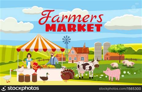Farmers Market Farmer Family Sell Harvest Products Grocery On Eco Farm Organic. Farmers Market Farmer Family Sell Harvest Products Grocery On Eco Farm Organic. Countryside View Farm animals goose, turkey, duck, cow. House and farm buildings. Vector isolated carton style poster banner
