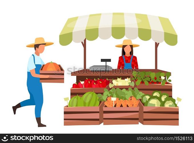 Farmers market flat vector illustration. Eco products, organic produce local store. Market stall with vegetables in wooden crates. Rural summer outdoor shop with cartoon seller. Village farm & grocery