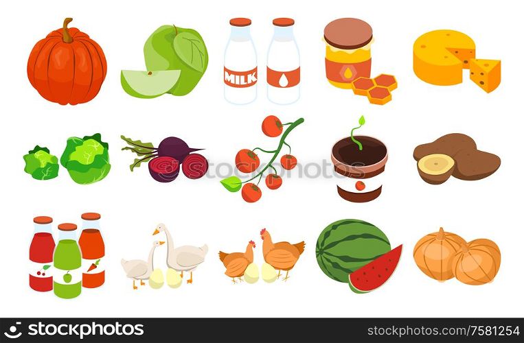 Farmers market isometric set with isolated images of organic farm products for sale on blank background vector illustration
