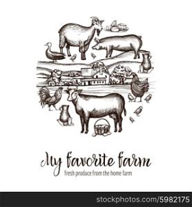 Farmers market poster with hand drawn livestock animals food and village on background vector illustration. Farmers Market Poster