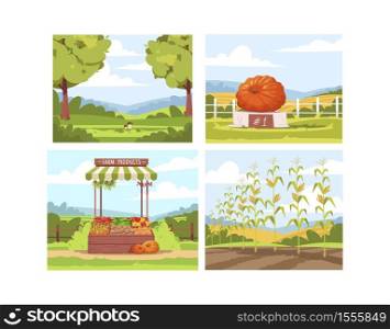 Farmers market scenes semi flat vector illustration set. Counter to sell vegetables from local production. Pumpkin competition. County fair 2D cartoon landscape collection for commercial use. Farmers market scenes semi flat vector illustration set