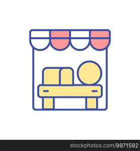 Farmers market stall RGB color icon. Grocery shopping. Store for organic foodstuff. Booth for natural products. Dairy industry. Purchase milk food. Cheese production. Isolated vector illustration. Farmers market stall RGB color icon