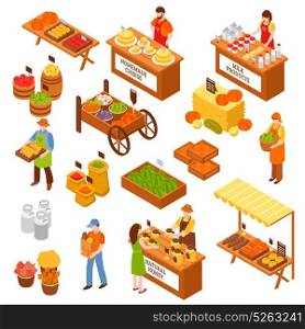 Farmers Marketplace Isometric Set. Marketplace isometric set of food counters with farmers selling milk products natural honey homemade cheese fruits and vegetables isolated vector illustration