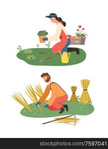 Farmers planting and harvesting vector, woman and man with ear of wheat and flowers. Lady with flowers and watering can, cultivation of soil flat style. Farming People Working on Field, Woman and Man