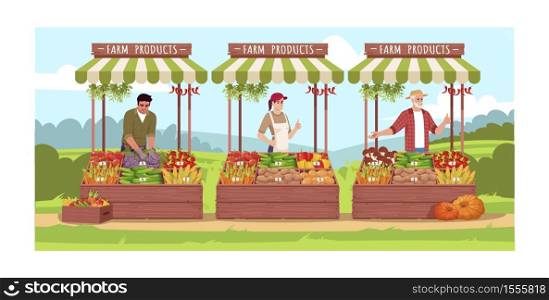 Farmers sell vegetarian products semi flat vector illustration. County fair counter row with food. Local production of fresh vegetables. Business owners 2D cartoon characters for commercial use. Farmers sell vegetarian products semi flat vector illustration