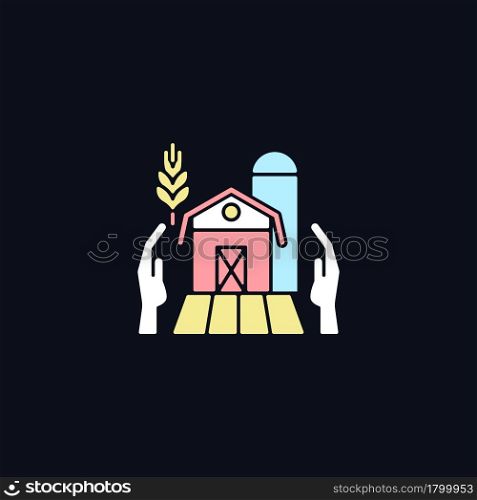 Farmers support RGB color icon for dark theme. Local agricultural producers. Funding and help. Isolated vector illustration on night mode background. Simple filled line drawing on black. Farmers support RGB color icon for dark theme