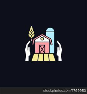 Farmers support RGB color icon for dark theme. Local agricultural producers. Funding and help. Isolated vector illustration on night mode background. Simple filled line drawing on black. Farmers support RGB color icon for dark theme