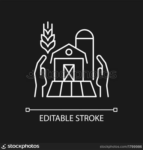 Farmers support white linear icon for dark theme. Local farm producers. Funding program for farming. Thin line customizable illustration. Isolated vector contour symbol for night mode. Editable stroke. Farmers support white linear icon for dark theme