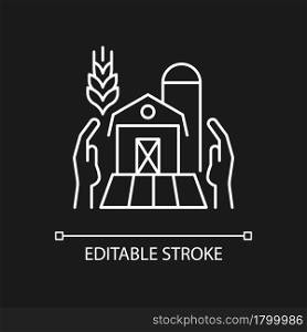 Farmers support white linear icon for dark theme. Local farm producers. Funding program for farming. Thin line customizable illustration. Isolated vector contour symbol for night mode. Editable stroke. Farmers support white linear icon for dark theme