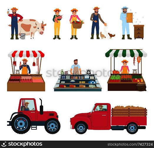 Farmers working and selling grown vegetables and produced dairy,  products. Isolated icons vector, pickup with trailer transporting products on market. Farmers Working and Selling Vector Illustration