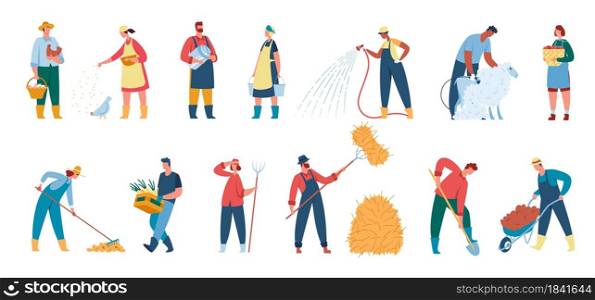 Farmers working at farm, agricultural workers and gardeners with tools. Farmer watering plants, harvesting crops, gardening vector set. Male and female characters with equipment for vegetables. Farmers working at farm, agricultural workers and gardeners with tools. Farmer watering plants, harvesting crops, gardening vector set