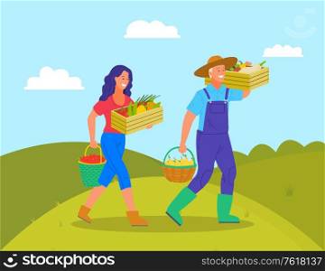 Farmers working on harvesting season vector, man and woman carrying goods in containers. Lady with apples and peppers, carrots. Male with pears eggplant. Farmers Smiling Carrying Vegetables in Box Vector