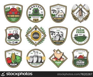 Farmhouse agriculture and cattle farm food production icons. Vector cow dairy milk, wheat windmill and farmland harvest tractor, farmer natural eggs, organic vegetables and eco agriculture industry. Farm house agriculture, farming food products