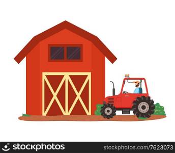 Farmhouse and agricultural machinery vector, tractor with farmer sitting inside, male riding automobile for field works and cultivation of soil, countryside. Flat cartoon. Ranch and Tractor, Rural Area Countryside Vector