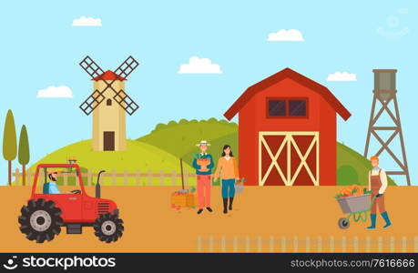 Farmhouse and farmers vector, man and woman working on field mill and tractor driver, person with carriage filled with ripe pumpkins, machinery on farm. Farmhouse with Farmers and Machinery, Barn Yard